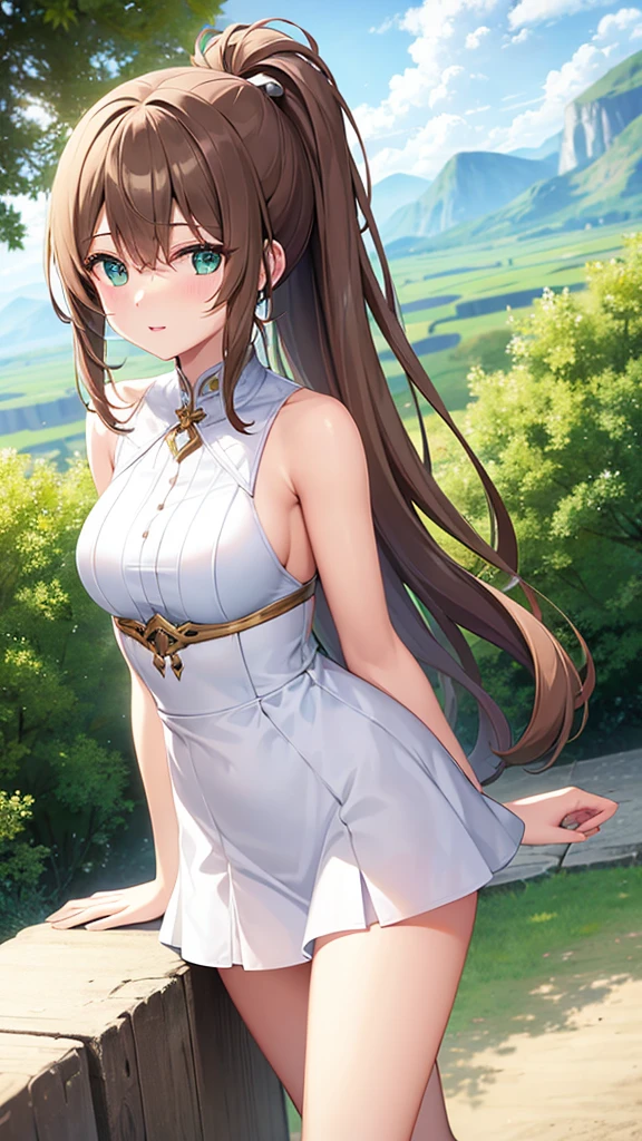 Light brown hair and a ponytail、Young woman in fantasy white costume、Green Eyes