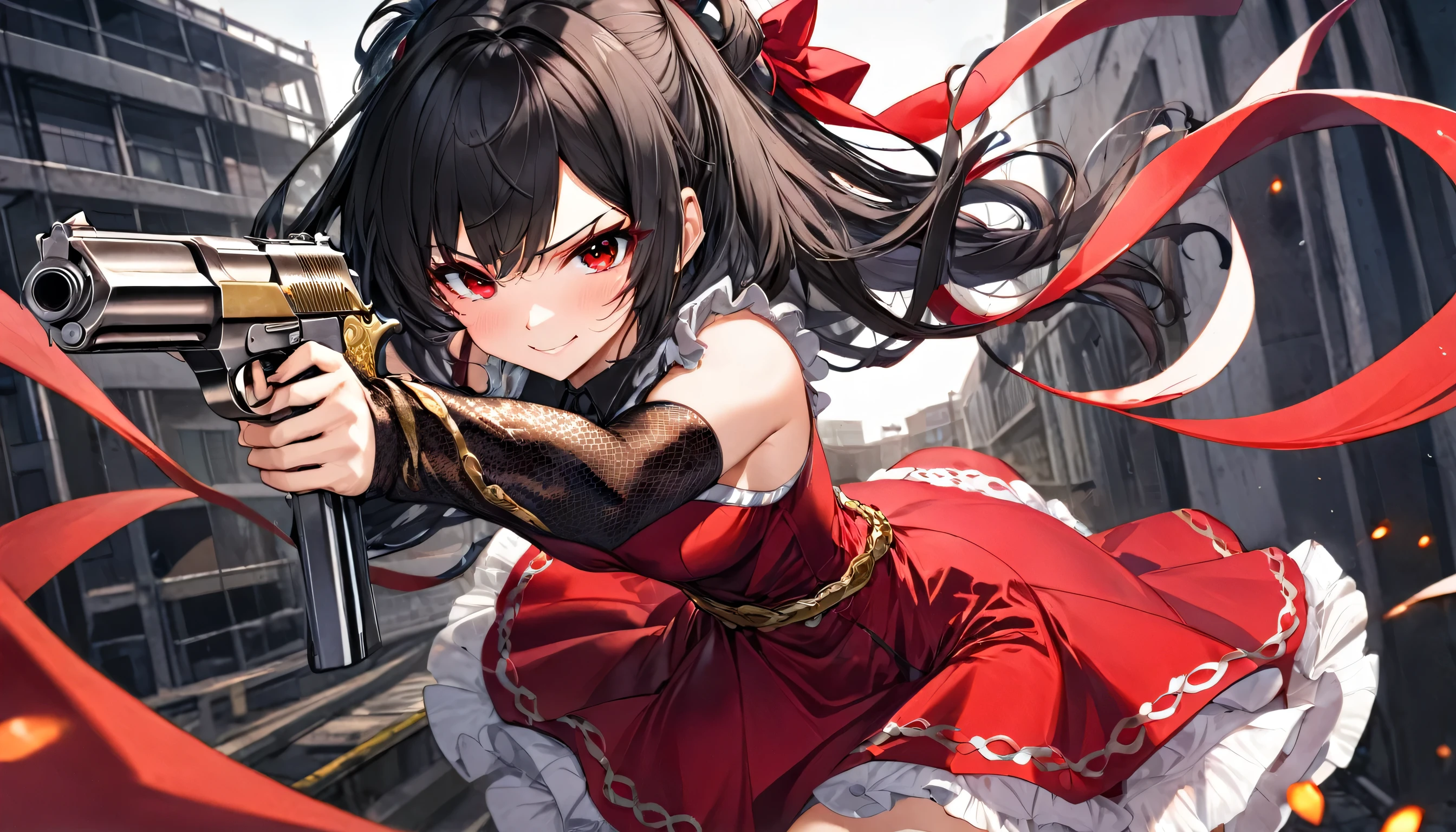 panoramic, ((Outlaw:1.4 style and gun fighting stance)) ((in a beautiful red evil femdom dress)), (hand holding gun is Colt Python, gripping Colt Python on hand), (solo straight black hair long hair cute femdom girl, 18 yo, detailed red eyes, angry:1.4 smile, Medium tits) is (Shooting:1.3 a gun of Colt Python with fire), break, (in the Underground container, in night, background many Villain), BREAK, perfect anatomy, masterpiece, best quality, 16k.