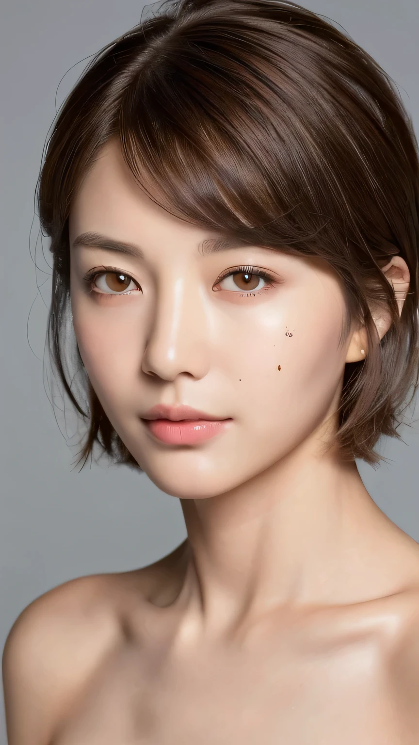 (Completely naked), (8k, highest quality, masterpiece:1.3, 超A high resolution, Surreal), Attention to detail, (Lifelike face), Photorealistic, Raw photo, ((Beautiful woman)), Detailed face, beautiful eyes, Realistic eyes, Eyes in beautiful Details, (real skin), beautiful skins, attractive, Depth of written boundary, High resolution, High pixel count, ((profile, avert your eyes, Don't look the audience in the eye, Don't look at the camera)), Stylish cafe, The background is also shown in the photo., Clear Details, Clear photos, Natural color reproduction, noise reduction, High fidelity, Small silver-colored pendant, Small silver-colored necklace, Sexy lips, I can see the ears, Laughter, A kind smile, beautiful skins, attractive, Golden Ratio, (Detail Makeup:1.2), Professional Lighting, Facial lighting, The best light, Japanese, Japanese women, japanese mature, Mature Woman, Short Bob Hair, ((60 years old, beautiful, Facial wrinkles, Wrinkles around the eyes, Nasolabial folds, Small wrinkles, beautiful, beautiful Aunt, Medium mole, Small mole on face))