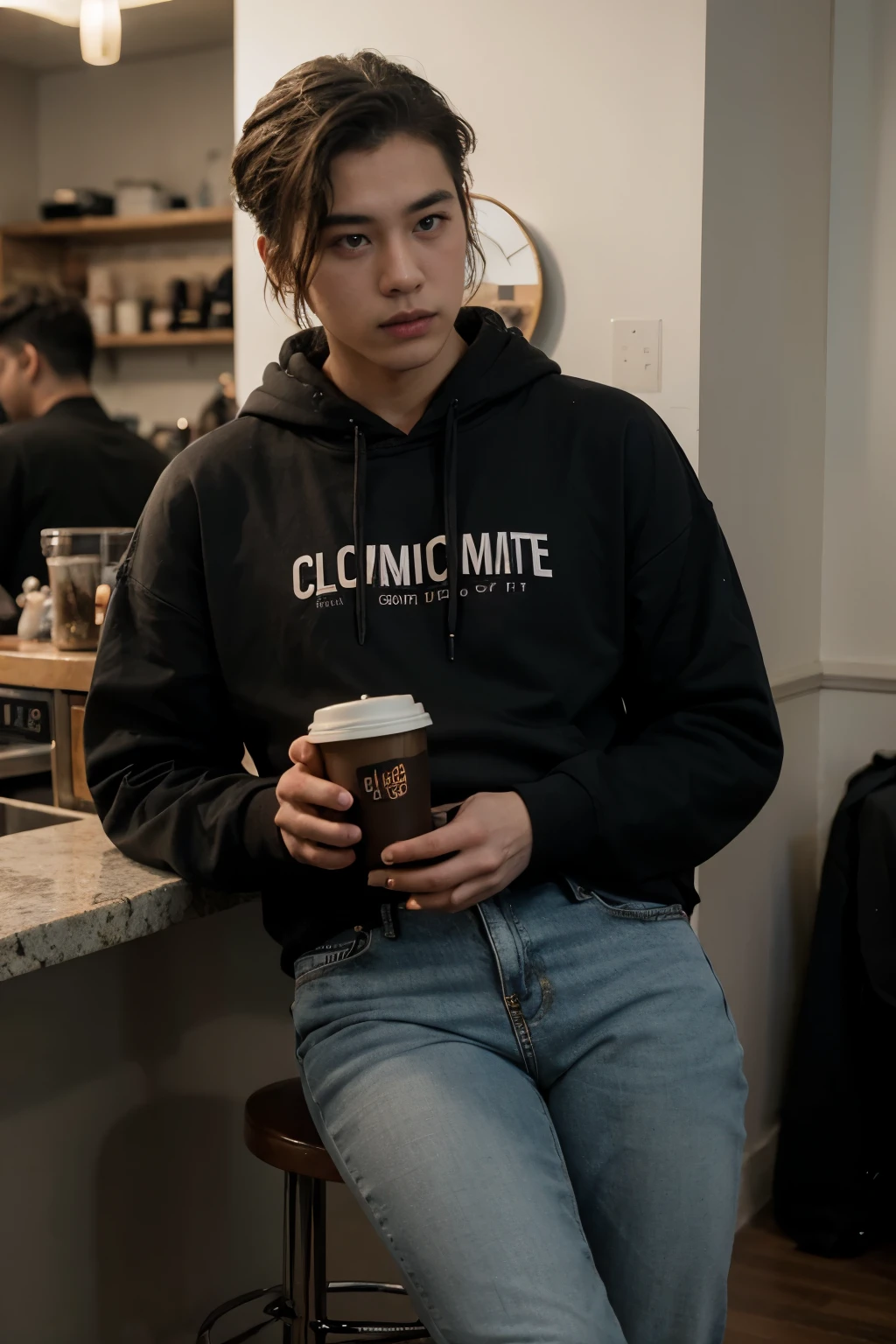 ((best quality)), ((masterpiece)), (Cinematic Aesthetic:1.4) Photo of a beautiful korean fashion male model undercut hair, sitting coffee shop, wearing black jeans and hoodie,