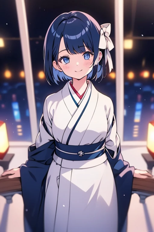 (One girl), (alone), (Focus on women), Focus on the face, blue eyes, navy hair, short hair, white one side hair ribbon, shiny skin, cowboy shot, blunt parted bangs, standing, shy,smile,POV,sing,kimono,