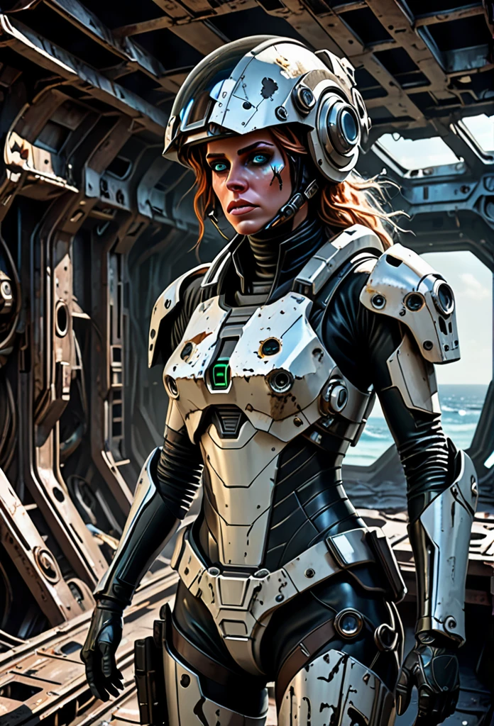 A stranded female Cyborg Soldier in an abandoned Battle Starship Shipwreck, dystopian futuristic scene, realistic style in Don Lawrence brush stroke, oil on canvas, octane render with dramatic lighting and strong shadows, her clothing is tattered and worn out, she has a scar or battle wound, she is wearing a futuristic helmet or visor, she has mechanical enhancements like cybernetic eyes, the shipwreck environment feels eerie and desolate, there is some broken machinery or equipment around her, and her expression is determined and battle-worn