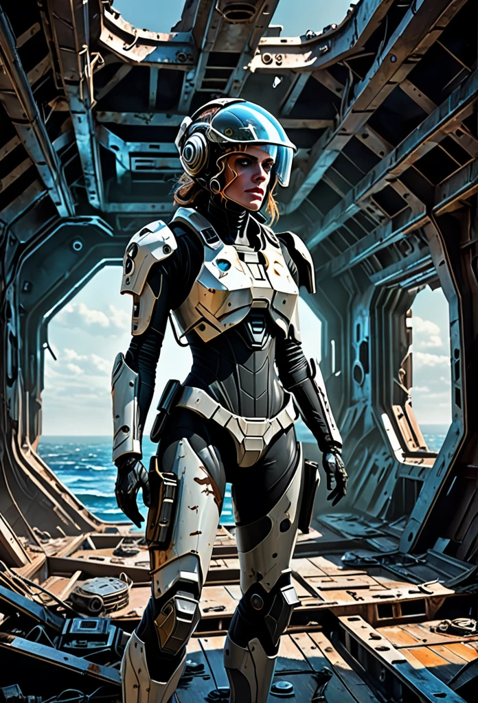 A stranded female Cyborg Soldier in an abandoned Battle Starship Shipwreck, dystopian futuristic scene, realistic style in Don Lawrence brush stroke, oil on canvas, octane render with dramatic lighting and strong shadows, her clothing is tattered and worn out, she has a scar or battle wound, she is wearing a futuristic helmet or visor, she has mechanical enhancements like cybernetic eyes, the shipwreck environment feels eerie and desolate, there is some broken machinery or equipment around her, and her expression is determined and battle-worn
