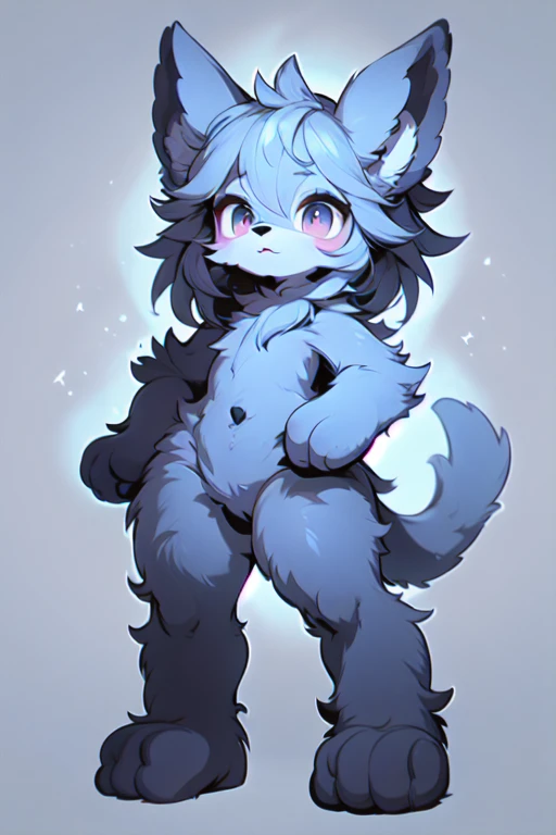 hairy pubic，Furry character, with pointy ears, hairy arms,Furry art!!!White fur，Blue hair，Big furry tail，looking at viewert，Arms spread wide。Cute furry，Skinny body type，Furry Shota。