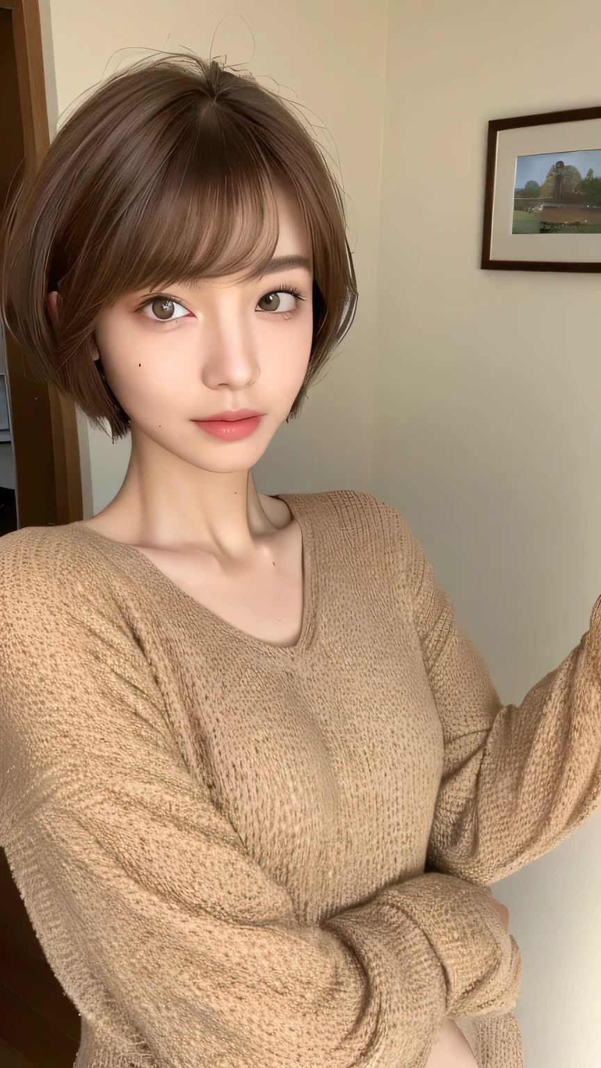 ((highest quality, 8k, masterpiece: 1.3)), 1 girl, Japanese Mature,The beauty of slim abs: 1.3, (Hairstyle Brown Hair Short Cut, big: 1.2), Loungewear: 1.1, Super slender face, Delicate eyes, double eyelid, Dimples,mole, Home,Relaxing,