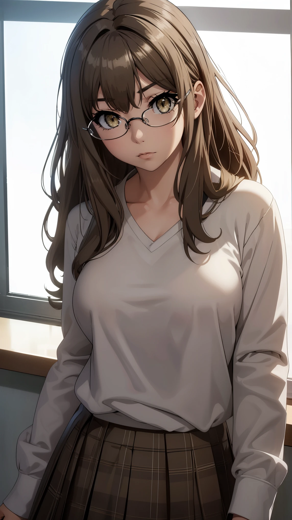 riofutaba, rio futaba, black-framed eyewear, (brown eyes:1.7), glasses, (grey hair:1.2), hair between eyes, over-rim eyewear, semi-rimless eyewear, long hair, sidelocks,
BREAK (casual clothes, (skirt),long sleeves,closed clothes:1.2),
BREAK angry looking face、Shyness、up chest、solo,、breastsout(camel's toe)、highleg,
BREAK (masterpiece:1.2), best quality, high resolution, unity 8k wallpaper, (illustration:0.8), (beautiful detailed eyes:1.6), extremely detailed face, perfect lighting, extremely detailed CG, (perfect hands, perfect anatomy),