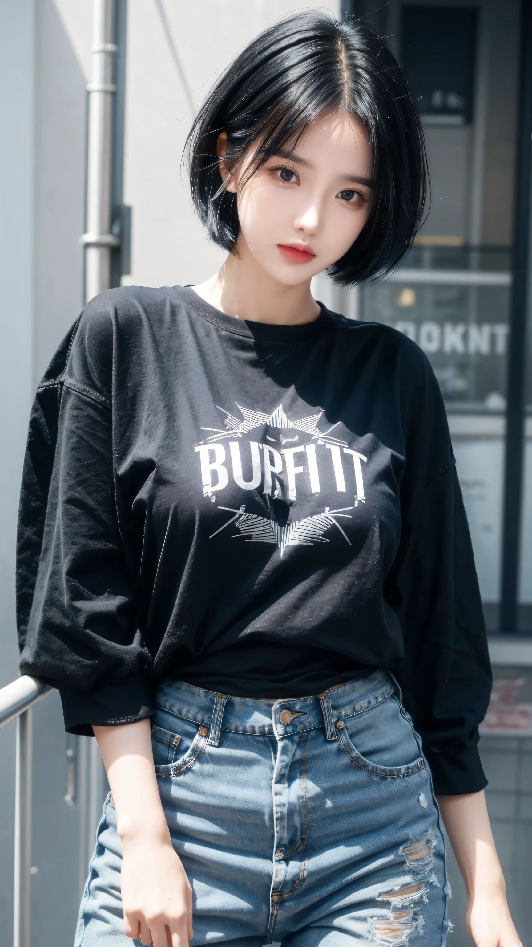 best quality, 1 Girl, dark blue hair, black eyes, Very short hair, Spiky hair, oversize t-shirt black, High waist short jeans, 171 cm, Messy hair, Hair between the eyes, Medium breasts, full, Tomboy, aldult, 20 years old, 1 Girl