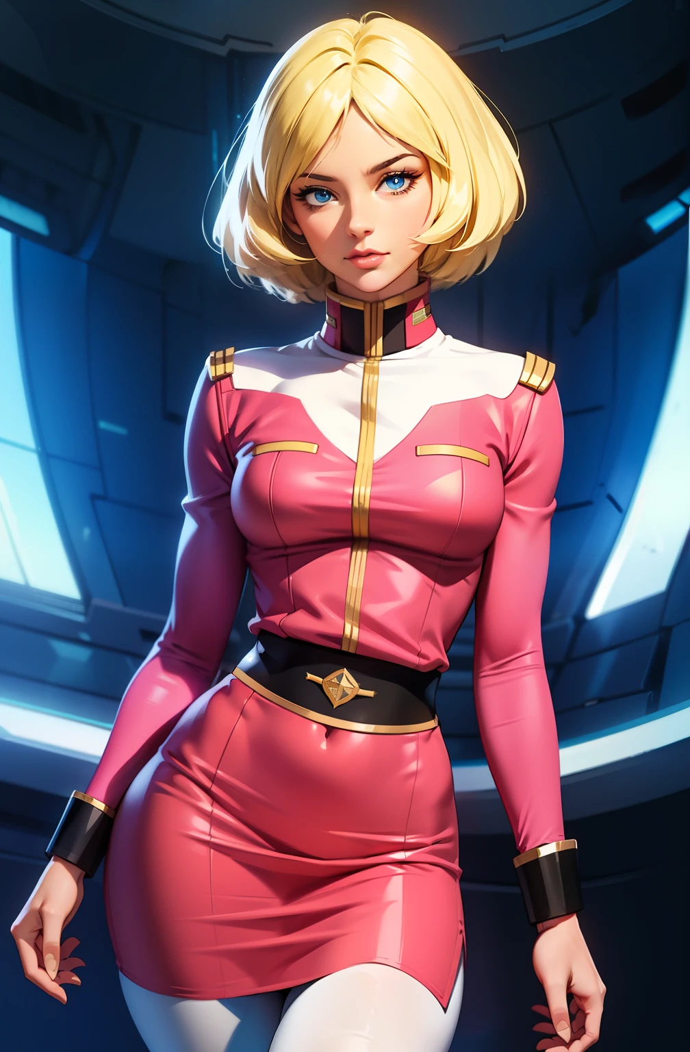 ((masterpiece)), ((cinematic lighting)), realistic photo、Real Images、Top image quality、1girl in, sayla mass, Elegant, masterpiece, Convoluted, slim arms, wide hips, thick thighs, thigh gaps, Best Quality, absurderes, high face detail, Perfect eyes, mature, Cowboy Shot, , Vibrant colors, soft pink uniform, soft pink Skirt, white tights