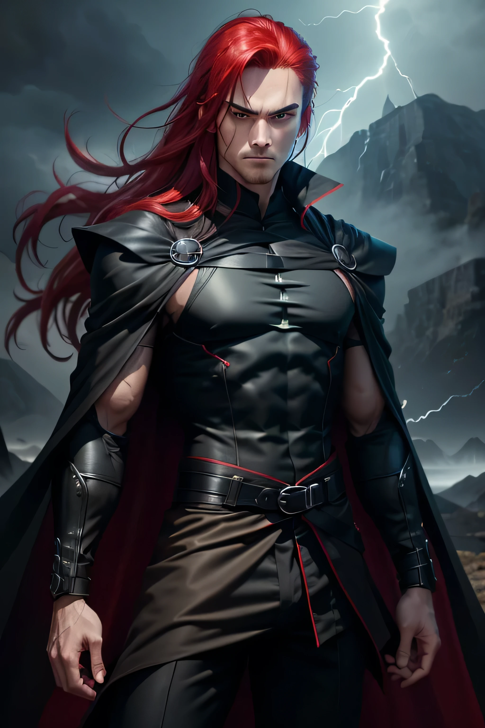 Male ninja, highly detailed, masterpiece, best quality, correct hands, long red hair, long hair, correct eyes, green eyes, bright green eyes, ((black pants, black cloak, black shirt, black vest,)) smug look, mountain background, storm, lightning, stormy atmosphere, surrounded by lightning, green lightning, green static sparks,