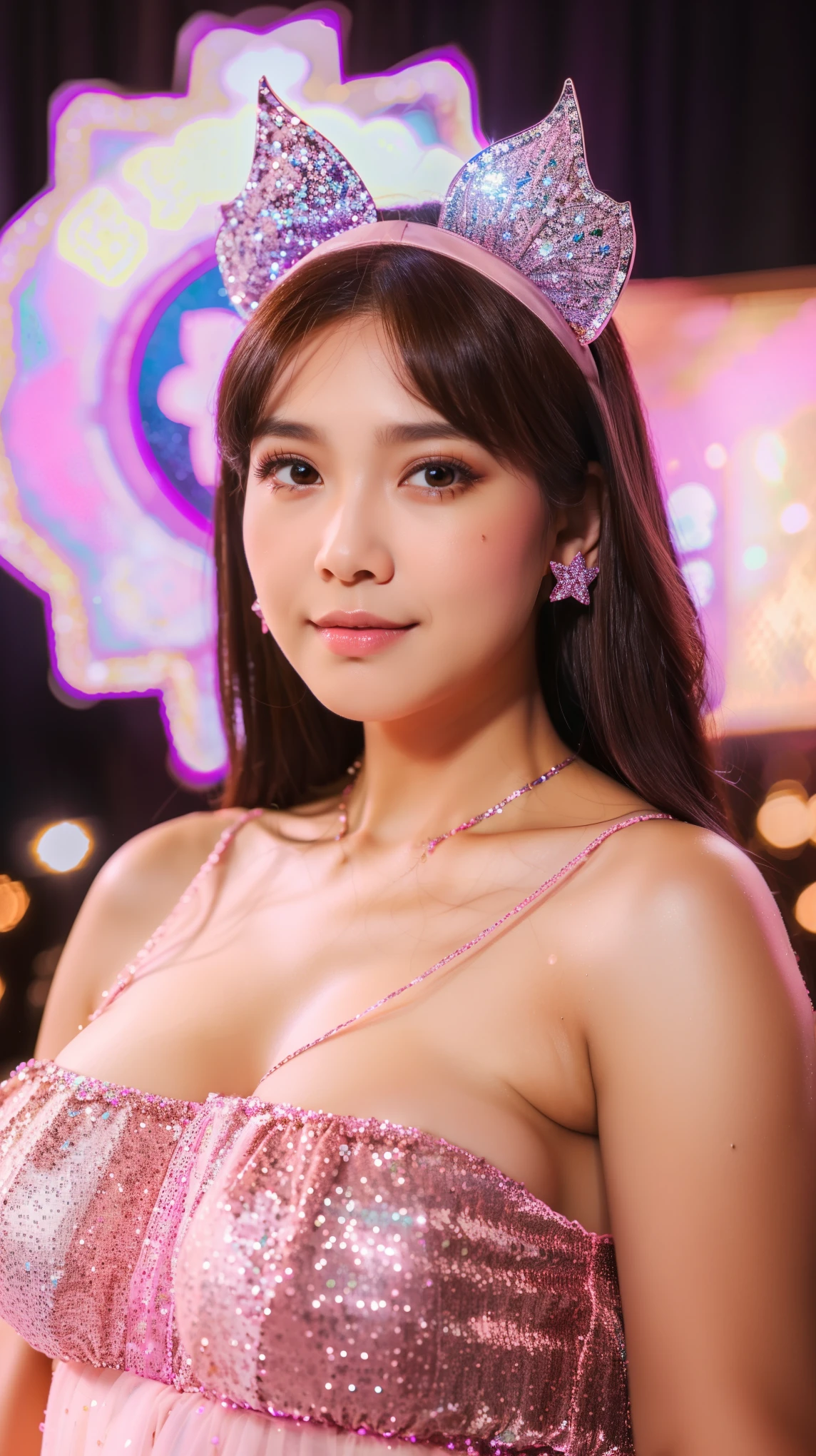 Perfect Beautiful Girl , Baby Face , She is Indonesian , Brown Skin , Brown Eye , Large Colossal Breast , Pink Dress , Glitter , 30 Years Old , Standing Girly , Pink Short Hair , HDR , Extreme Detailed , Cute Headband