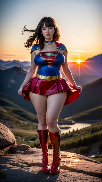 ​masterpiece, (shoulder length curly brunette hair, two side up with bangs, ringlets, shoulder length curly brunette hair with bangs, two side up, ringlets, shoulder length curly brunette hair with bangs, two side up, ringlets, Supergirl) ((Standing in the middle TOP OF A HIGH ROCKY MOUNTAIN, SUNSET, BLUE SKY,)) with legs spread、large full breasts、Looking at the camera、Glossy enamel costume、Glossy bright red enamel long boots、Shiny red skirt、Glossy bondage、a choker、Large open legs, (chubby:1.2), (huge breasts:1.1), (wide hips:1.3)