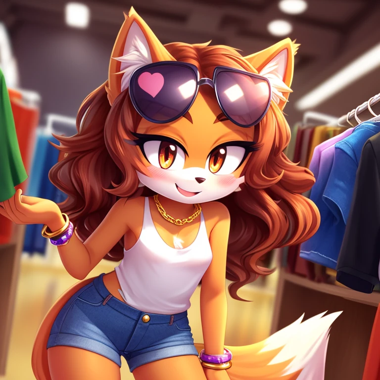 best quality,best resolution,(fluffy anthro furry :1.6),(young :1.6),fox girl,red long hair,wavy hair,small breasts,orange fur,orange eyes,glistering eyes,sparkle eyes,denim shorts with gold chain,white sleeveless shirt with flower embroidery,heart collar,gold bracelets,sunglasses,department store,looking at viewer,upper body only,full face blush,naughty face,smile,excited pose