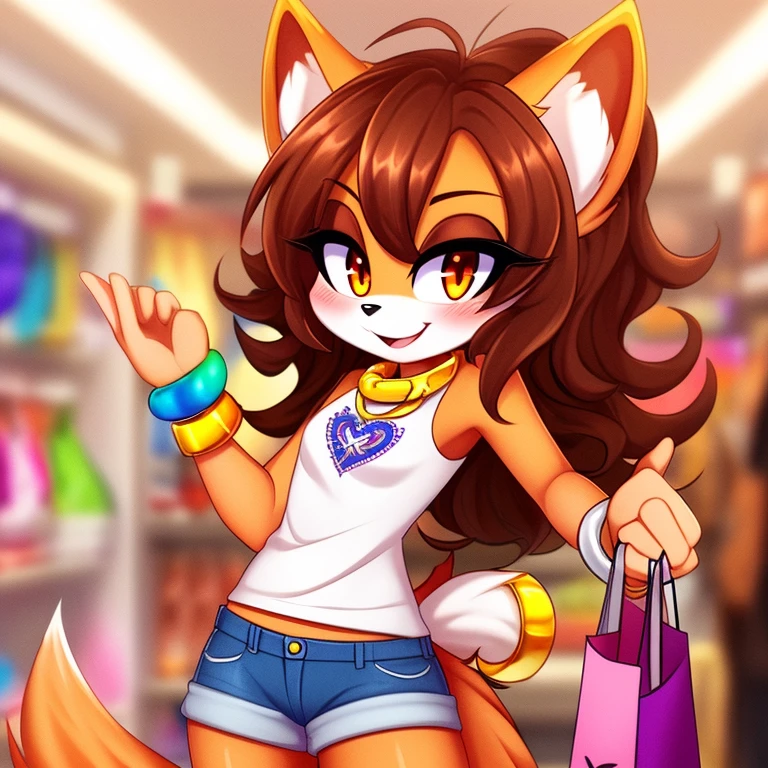 best quality,best resolution,(fluffy anthro furry :1.6),(young :1.6),fox girl,red long hair,wavy hair,small breasts,orange fur,orange eyes,glistering eyes,sparkle eyes,denim shorts with gold chain,white sleeveless shirt with flower embroidery,heart collar,gold bracelets,sunglasses,department store,looking at viewer,upper body only,full face blush,naughty face,smile,excited pose