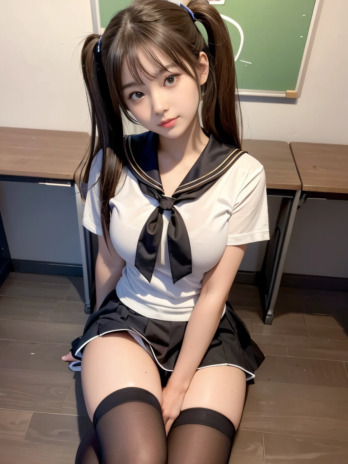 ultra highres,(reality: 1.4),highest quality, masterpiece, high detail, 16K quality, beautiful, 1 beautiful girl,japanese,super beautiful face,baby face,japanese idol face,cute face,super detailed face,detailed hand,beautiful skin,sweaty skin,big eyes,smile,profeccional lighting,ponny tail,brown hair,brown beautiful eyes, sailor uniform,sitting with knee up,spread legs,(skirt lift),(showing panty),medium breasts,black high socks,she is looking at the camera,classroom,nsfw,from front,