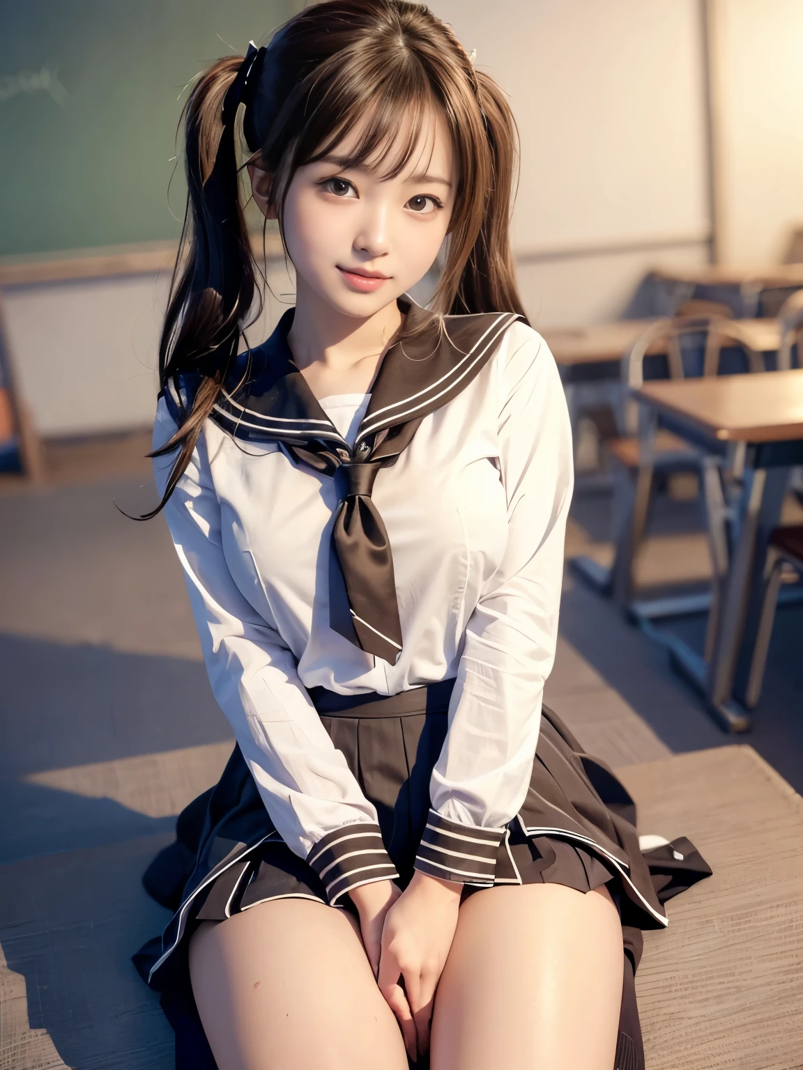 ultra highres,(reality: 1.4),highest quality, masterpiece, high detail, 16K quality, beautiful, 1 beautiful girl,japanese,super beautiful face,baby face,japanese idol face,cute face,super detailed face,detailed hand,beautiful skin,sweaty skin,big eyes,smile,profeccional lighting,ponny tail,brown hair,brown beautiful eyes, sailor uniform,sitting with knee up,spread legs,(skirt lift),(showing panty),medium breasts,black high socks,she is looking at the camera,classroom,nsfw,from front,