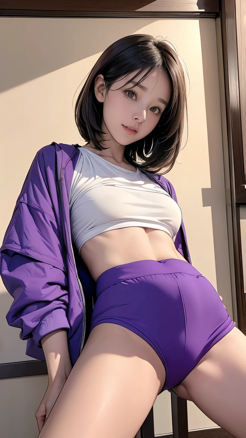 8k, RAW photos, best quality, masterpiece, Practical, Reality, (1 extreme beauty), 31 years old, The face is rich in detail, (Perfect Teeth), Delicate eyes, double eyelids, eyelash, Grin, Lip detail, Brown Hair Bob, Natural breasts, ((Sexy Japanese volleyball)), ((Purple Sexy Sports Shorts))Soft Light, ((Written border depth)) 、Shot in the back、all、Stick out your ass、legs spread、slim body、Inverted Nipple, Volleyball Jacket,