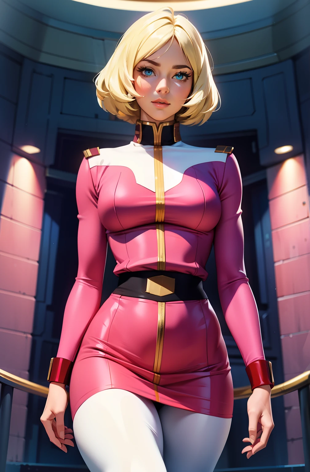 ((masterpiece)), ((cinematic lighting)), realistic photo、Real Images、Top image quality、1girl in, sayla mass, Elegant, masterpiece, Convoluted, slim arms, wide hips, thick thighs, thigh gaps, Best Quality, absurderes, high face detail, Perfect eyes, mature, Cowboy Shot, , Vibrant colors, soft pink uniform, soft pink Skirt, white tights