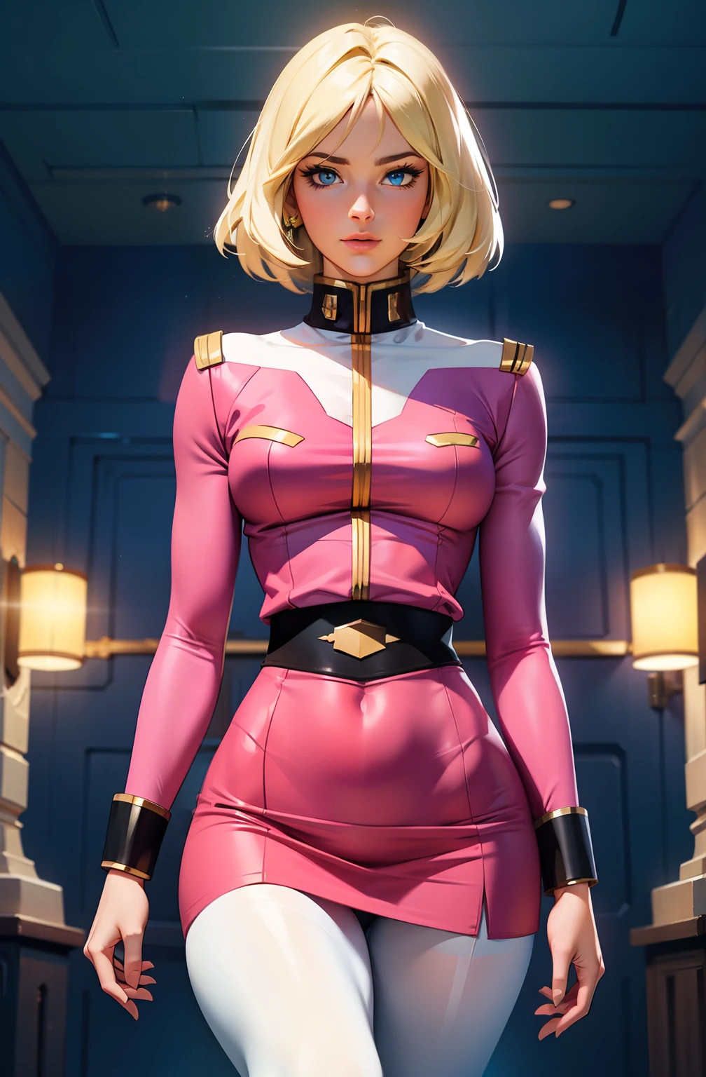 ((masterpiece)), ((cinematic lighting)), realistic photo、Real Images、Top image quality、1girl in, sayla mass, Elegant, masterpiece, Convoluted, slim arms, wide hips, thick thighs, thigh gaps, Best Quality, absurderes, high face detail, Perfect eyes, mature, Cowboy Shot, , Vibrant colors, soft pink uniform, soft pink Skirt, white tights