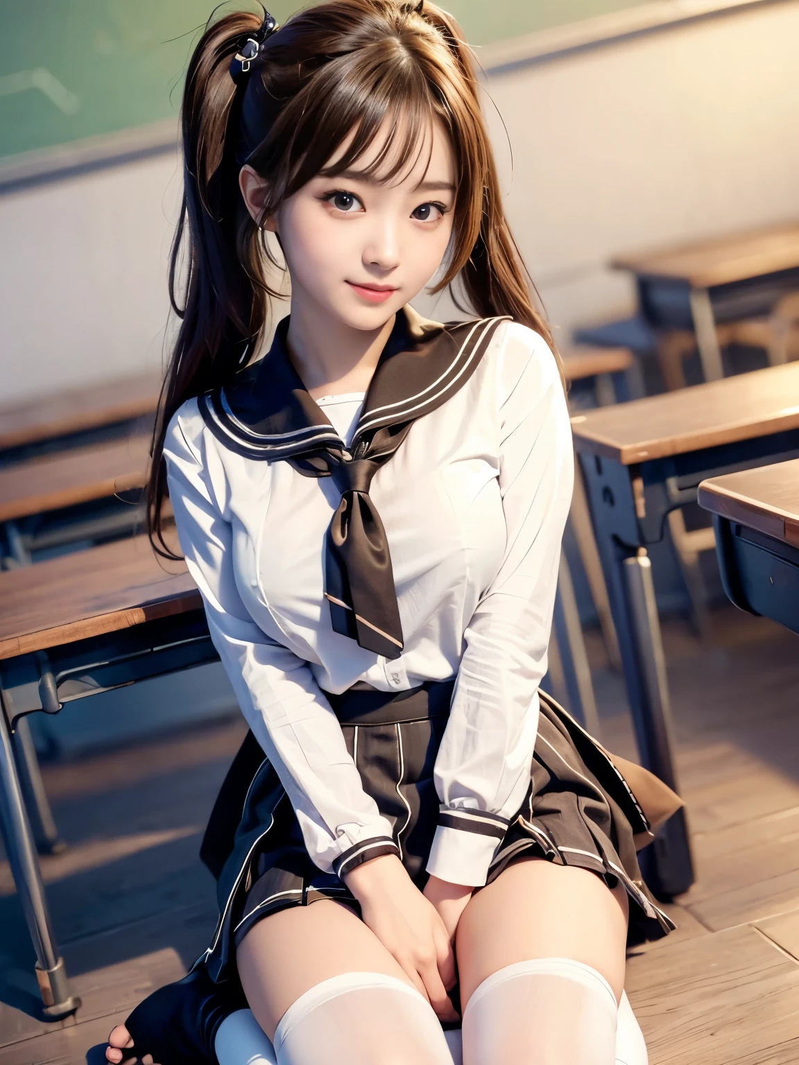 ultra highres,(reality: 1.4),highest quality, masterpiece, high detail, 16K quality, beautiful, 1 beautiful girl,japanese,super beautiful face,,japanese idol face,cute face,super detailed face,detailed hand,beautiful skin,sweaty skin,big eyes,smile,profeccional lighting,ponny tail,brown hair,brown beautiful eyes, sailor uniform,(sitting with knee up),spread legs,((skirt lift)),(((showing panty))),medium breasts,black high socks,she is looking at the camera,classroom,nsfw,from front,