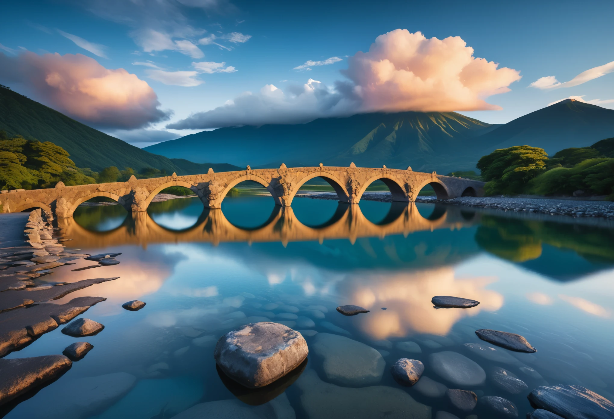 Landscape photography, the ancient three eyed stone bridge, reflected on the water surface, with layers of mountains in the distance. The evening blues, colorful clouds, Fuji medium frame camera, wide-angle lens, raw, 8k, super realism, super details, super image quality, National Geographic magazine, award-winning work