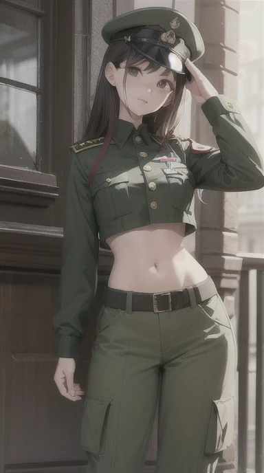 Women in crop top soldier uniform, soldier hat, military Shirt brooch,  exposed abdomen area, very low waist cargo pants, navel, 45 years-old, high ranking , standing, military salute, military standing 