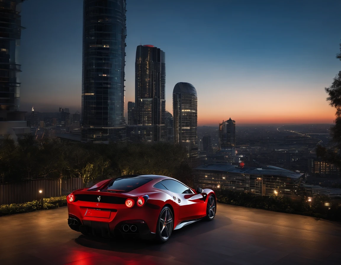 1car, Ferrari car, red colour cover set, black mirror, at night, background zoom out border city buildings, blue lights,