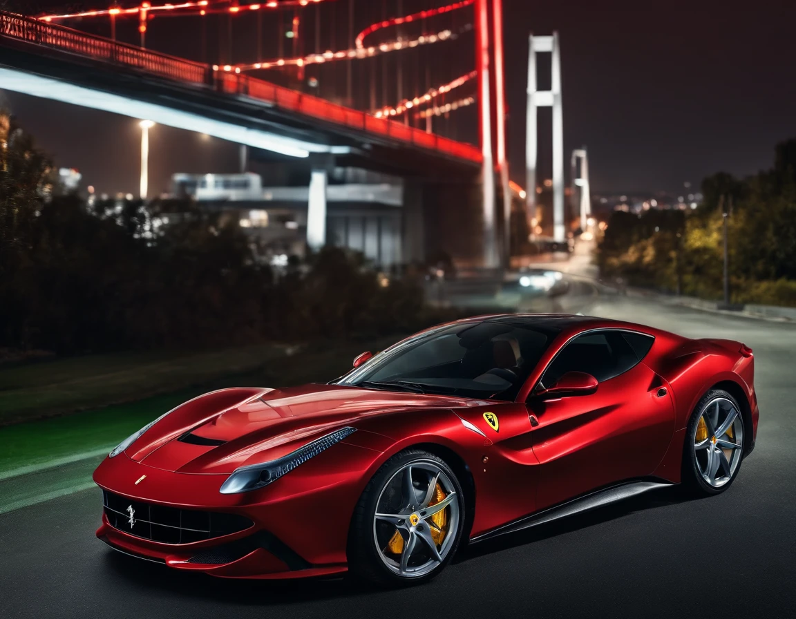 1car, Ferrari car, red colour cover set, black mirror, at night, background zoom out border city buildings, blue lights,