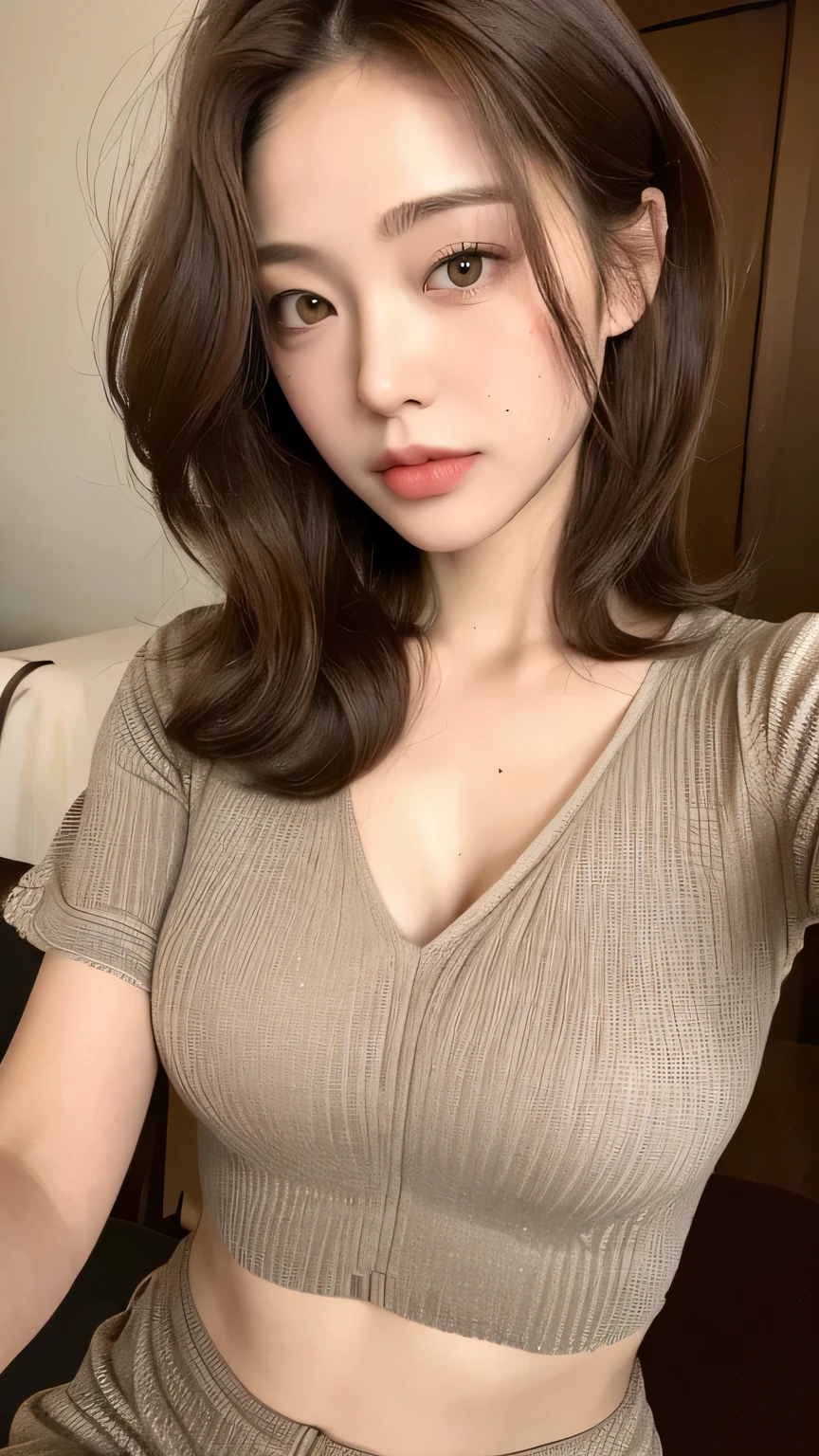 ((highest quality, 8k, masterpiece: 1.3)), 1 girl, Japanese Mature,The beauty of slim abs: 1.3, (Hair style Brown hair Medium wave, big: 1.2), Loungewear: 1.1, Super slender face, Delicate eyes, double eyelid, Dimples,mole, Home,Relaxing,Vertical navel,