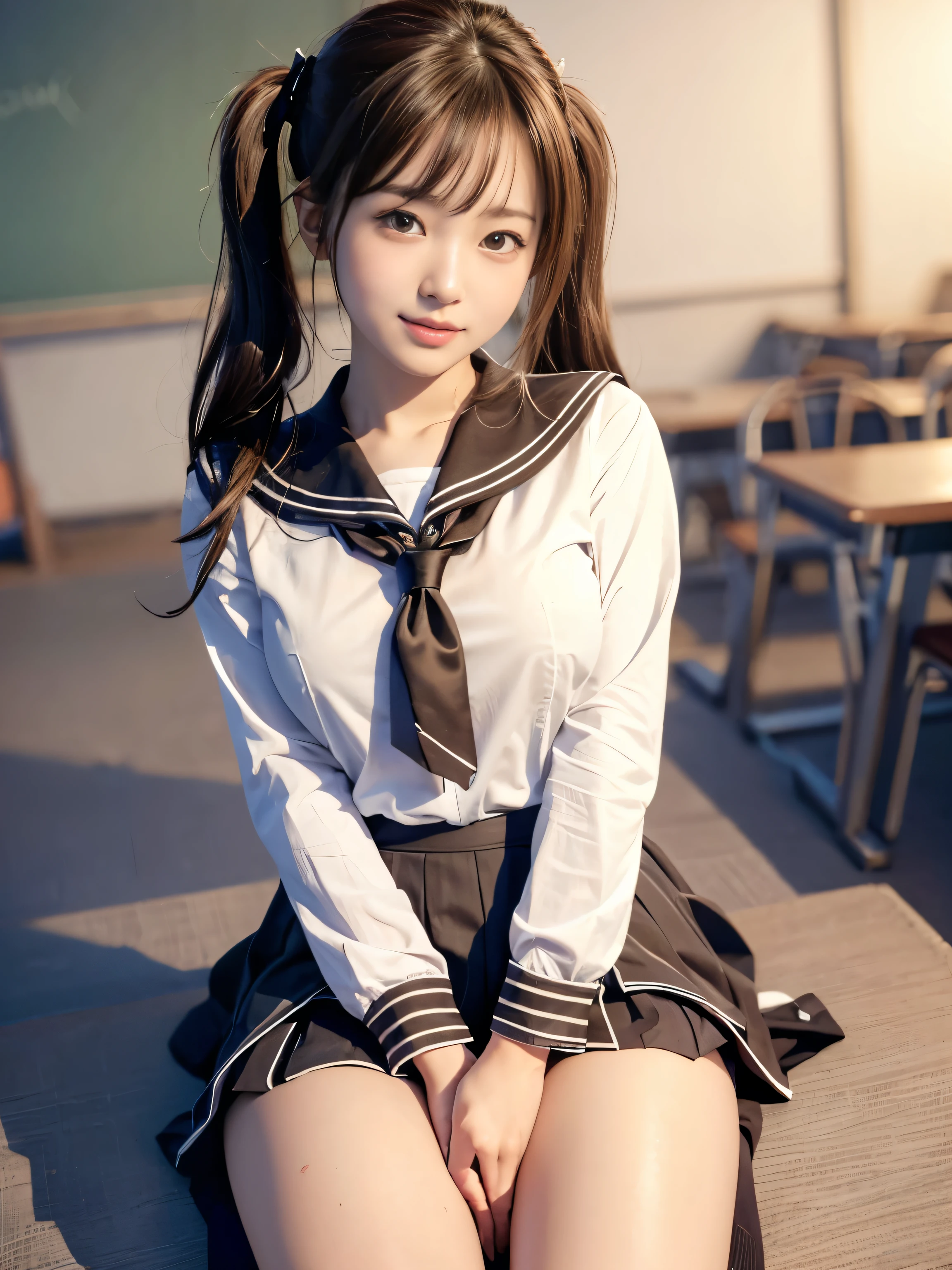 ultra highres,(reality: 1.4),highest quality, masterpiece, high detail, 16K quality, beautiful, 1 beautiful girl,japanese,super beautiful face,baby face,japanese idol face,cute face,super detailed face,detailed hand,beautiful skin,sweaty skin,big eyes,smile,profeccional lighting,ponny tail,brown hair,brown beautiful eyes, sailor uniform,sitting with knee up,spread legs,(skirt lift),(showing panty),medium breasts,black high socks,she is looking at the camera,classroom,nsfw,from front,