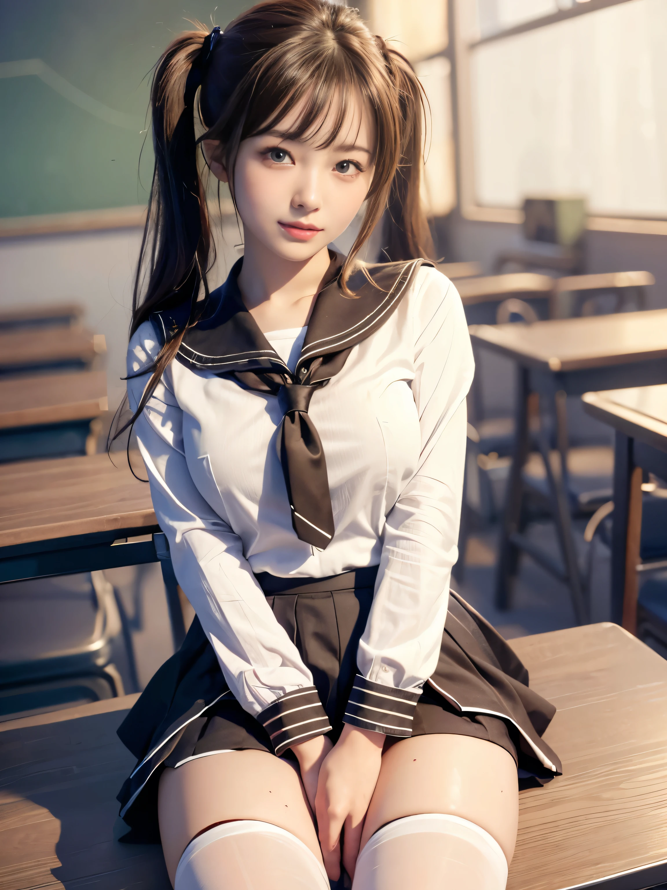 ultra highres,(reality: 1.4),highest quality, masterpiece, high detail, 16K quality, beautiful, 1 beautiful girl,japanese,super beautiful face,baby face,japanese idol face,cute face,super detailed face,detailed hand,beautiful skin,sweaty skin,big eyes,smile,profeccional lighting,ponny tail,brown hair,brown beautiful eyes, sailor uniform,sitting with knee up,spread legs,(skirt lift),(((showing panty))),medium breasts,black high socks,she is looking at the camera,classroom,nsfw,from front,
