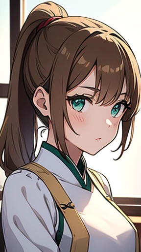 Light brown hair and ponytail、Young woman in a fantastic white costume、Green Eyes