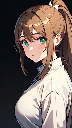 Light brown hair and ponytail、Young woman in a fantastic white costume、Green Eyes