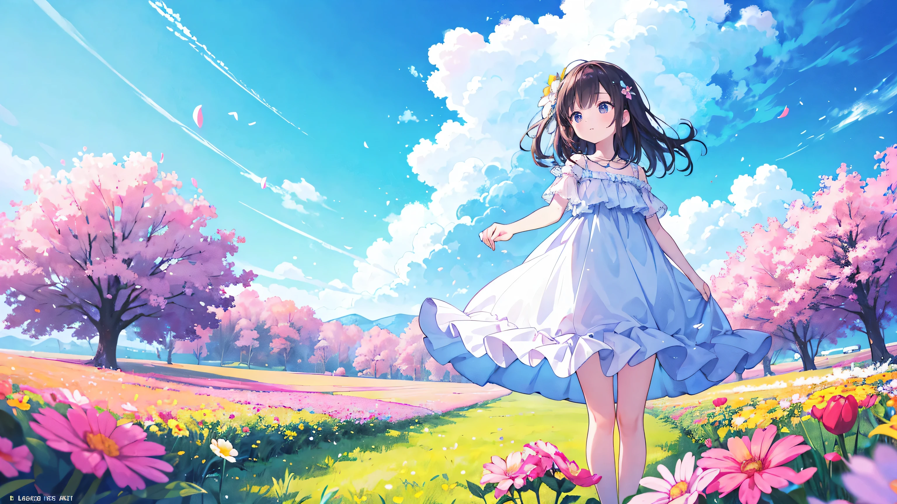 Sunny day landscape images, Only landscapes with flowers, Flower Field, unmanned, There are no animals, Lively and childlike, Art Style, comics, Artistic, Soft color palette, As if blown by the wind々Various kinds of flowers, Luminance, Magical Pictures, Soft lighting, Light background, Realistic photos, Very detailed, 4K, High resolution, Ultra-thin Sharp,  high quality, Individuality, Beautiful colors, 3D Rendering,  