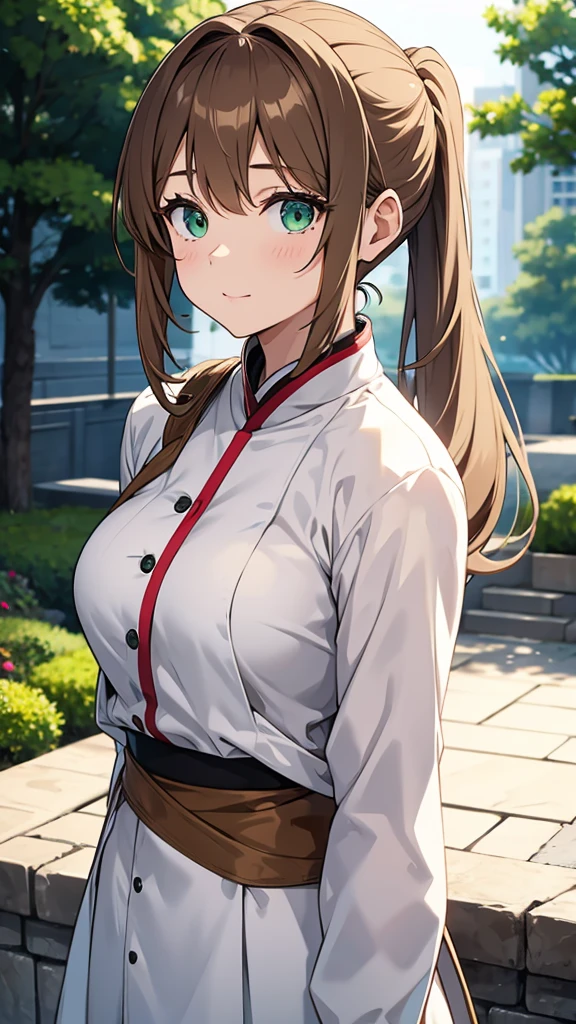 Light brown hair and ponytail、Young woman in a fantastic white costume、Green Eyes