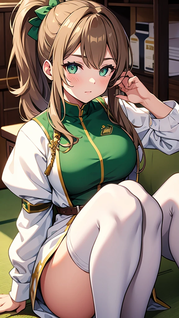 Light brown hair and ponytail、Young woman in a fantastic white costume、Green Eyes