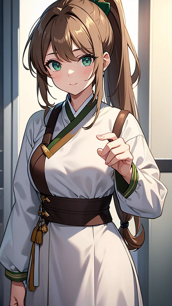 Light brown hair and ponytail、Young woman in a fantastic white costume、Green Eyes