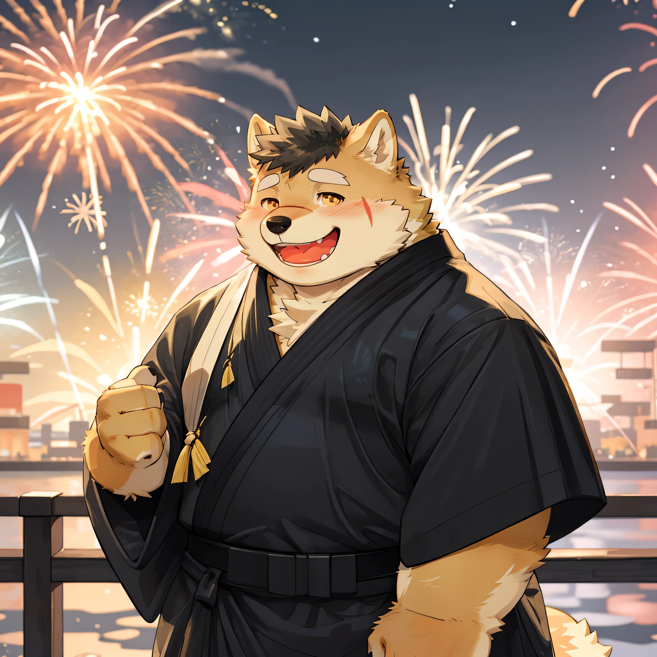 masterpiece, best quality, 8k resolution, Very detailed, hairy，Shiba Inu，Black hair，yellow fur，Chubby，Golden Eyes，Chubby face，Blushing，portrait，Blushing，kimono，For the audience，Highest quality scene，Solitary，solitary，Laughing，Upright，night，fireworks