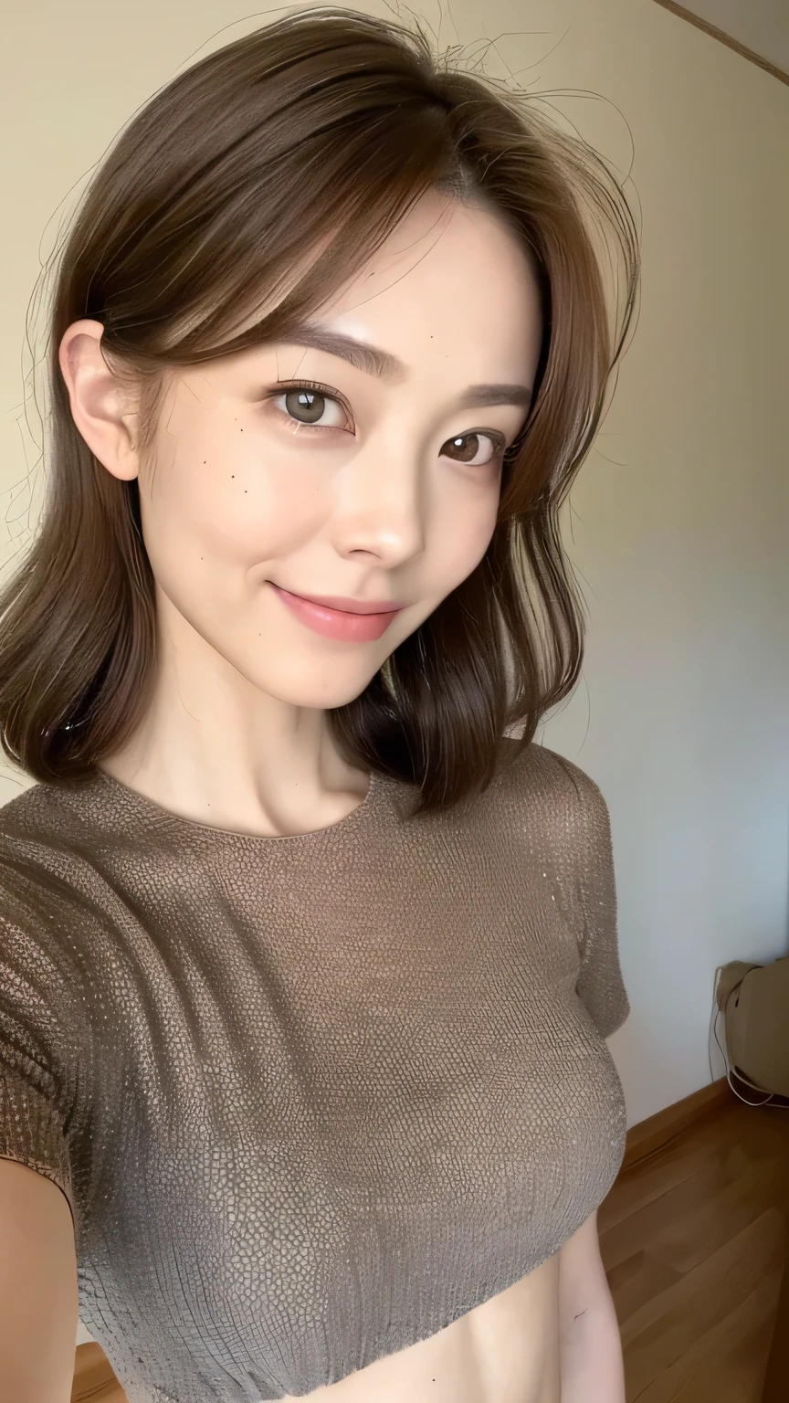 ((highest quality, 8k, masterpiece: 1.3)), 1 girl, Japanese Mature,The beauty of slim abs: 1.3, (Hair style Brown hair Medium wave, big: 1.2), Loose room wear: 1.1, Super slender face, Delicate eyes, double eyelid, Dimples,mole, Home,Relaxing,smile,