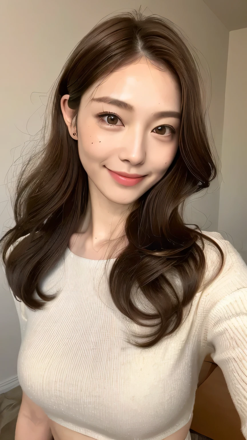 ((highest quality, 8k, masterpiece: 1.3)), 1 girl, Japanese Mature,The beauty of slim abs: 1.3, (Hair style Brown hair Medium wave, big: 1.2), Loose room wear: 1.1, Super slender face, Delicate eyes, double eyelid, Dimples,mole, Home,Relaxing,smile,
