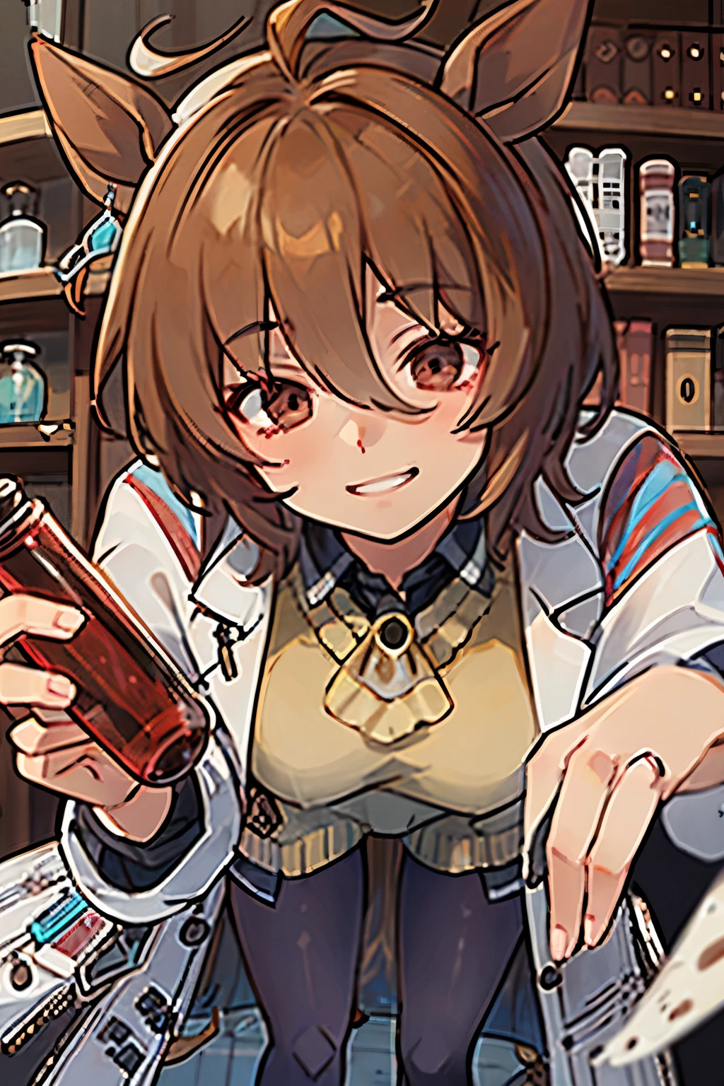 pretty girl、Dabo dowel lab coat、Cream colored long vest、black tights、Agnes Tachyon、A dark laboratory、Dubious Drugs、Naughty expression、Looking down、Angle from below、Thighs close up、Provocative look、Grin、He has a suspicious flask