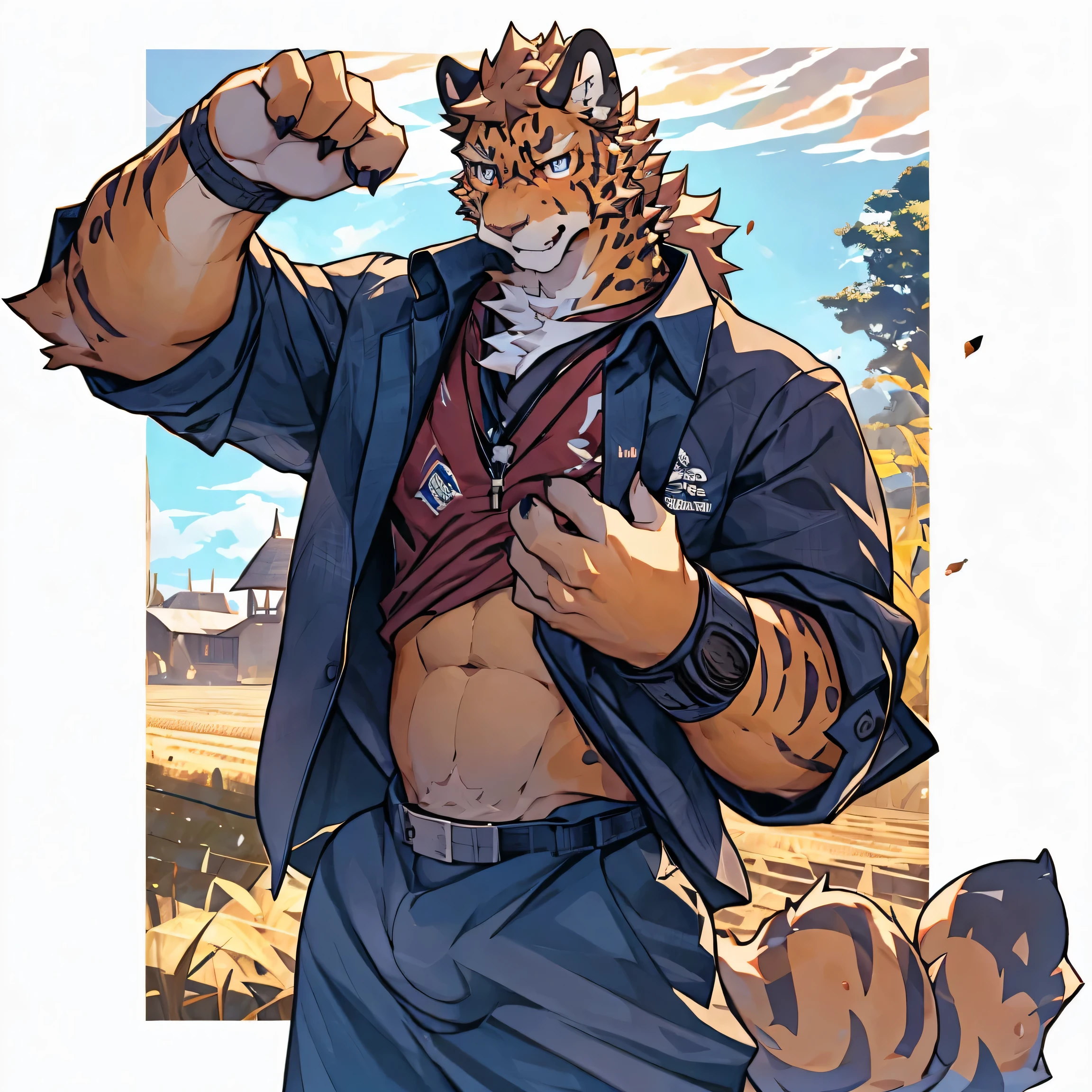 juvenile，individual，Leopard，Golden fur，wearing glasses，Tsundere，Blushing，Wear a shirt on the upper body，Wear loose trousers，Country style，Carrot in hand，Next to the rice fields。
