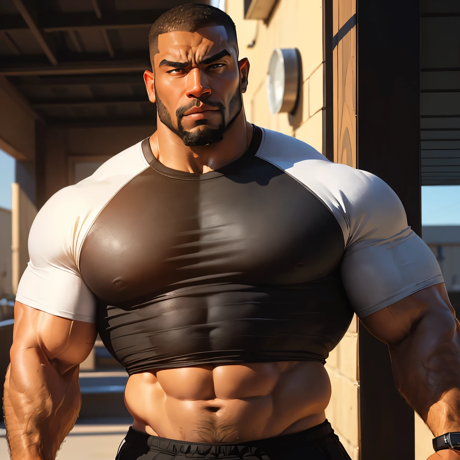 an exaggeratedly muscular and large bodyguard, flexing, beefy build, beard, dark-skinned african american male, buzzcut hair with square line, (sad expression: 1.2), (wearing silver and black raglan shirt: 1.2), (shirt showing midriff:1.1), school logo on shirt, (bara pecs: 1.3), (arm and chest hair: 1.1), close-up portrait HD, (cowboy angle), (sports field)