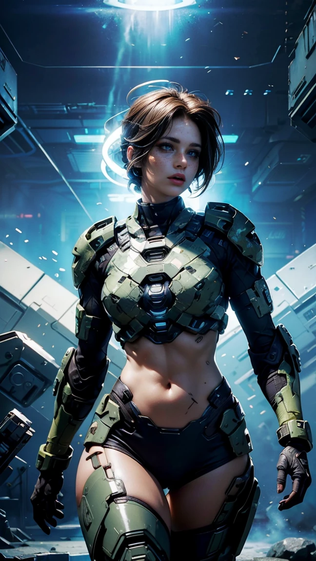 ((una hermosa chica Cortana de Halo, viste un uniforme sexy de la UNSC), (Cabello corto y azul), con pecas, pose militar, cuerpo holografico y con tonos neon, pelo azul despeinado, tatuajes ciberneticos, It is on a luminous base, raytraced, viento, paisaje espacial de Halo, (aesthetics and atmosphere:1.2), curiosa, inocente, ojos brillantes，plano amplio, cuerpo completo, extremidades cyberneticas. (foto cruda, mejor calidad), (realista, photo-realista:1.3), Obra maestra, un extremadamente delicado y hermoso cuerpo, cuerpo digital extremadamente detallado, Best quality score, ultra dynamic punk militar pose, close up, high view, futuristic halo atmosphere, angulo picado