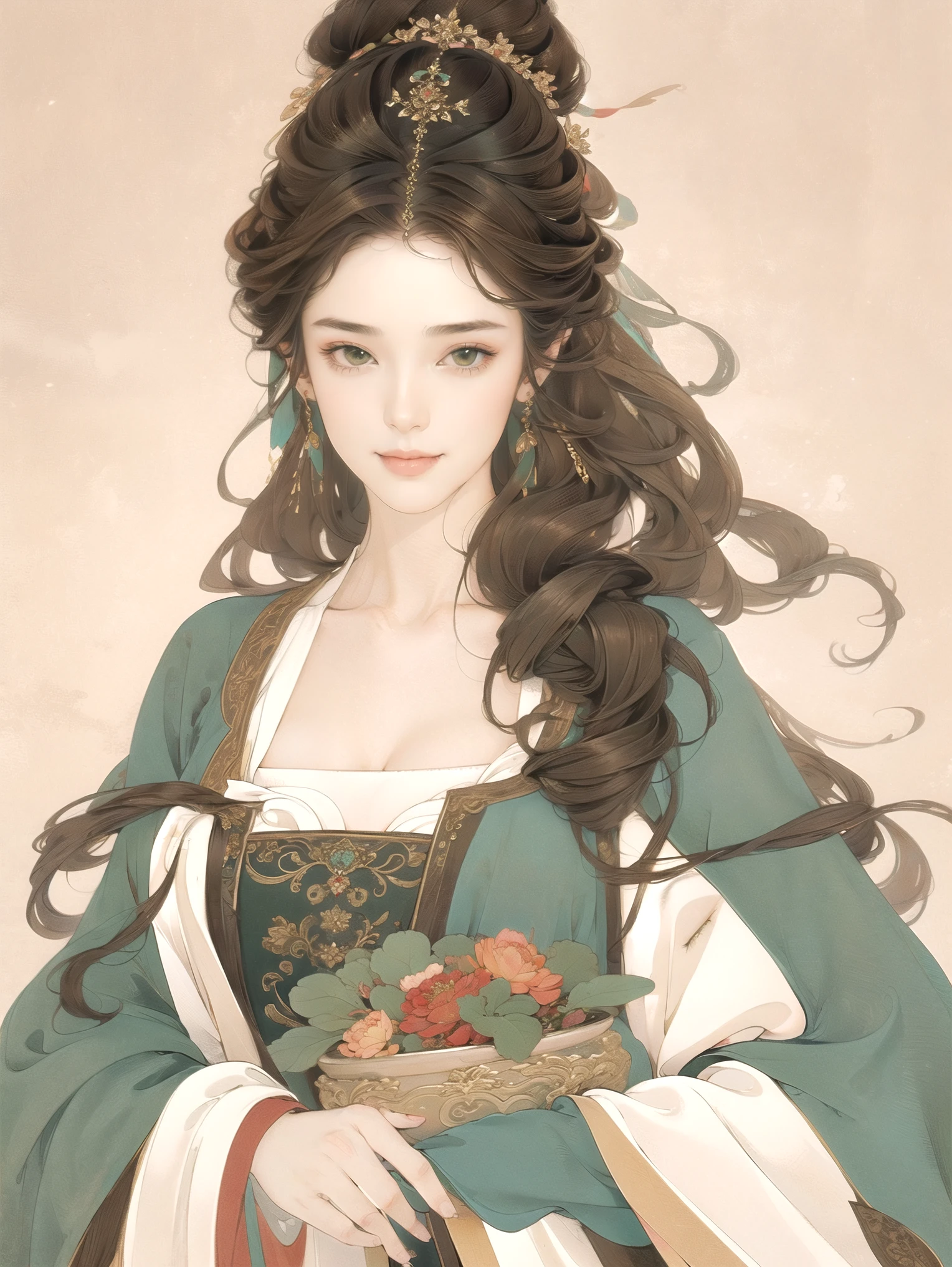 a stunning masterpiece,High resolution portrait of a beautiful detailed girl with long hair, Shiny brown hair and stunning green eyes, Wear a comfortable sweater,Her bright smile accentuated her small, perfect breasts.