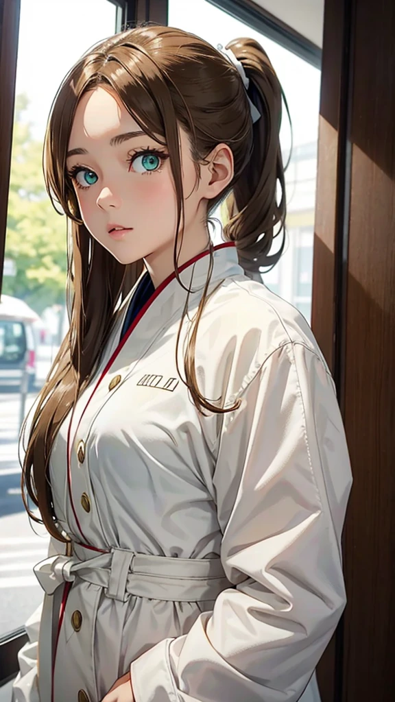 Light brown hair and ponytail、Young woman in a fantastic white costume、Green Eyes