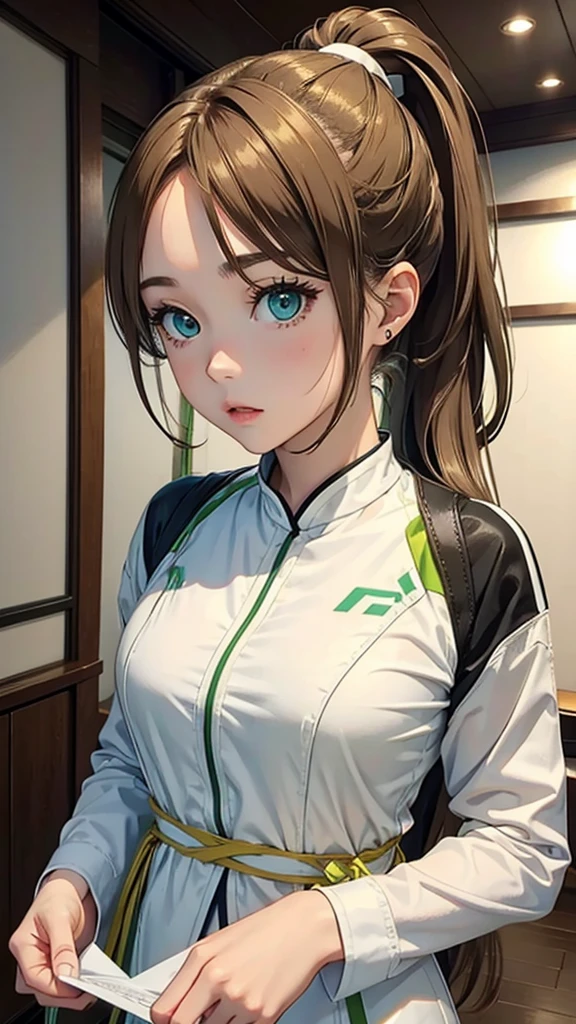Light brown hair and ponytail、Young woman in a fantastic white costume、Green Eyes