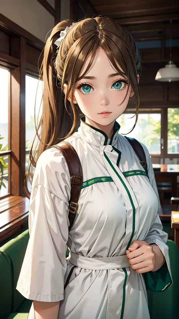 Light brown hair and ponytail、Young woman in a fantastic white costume、Green Eyes