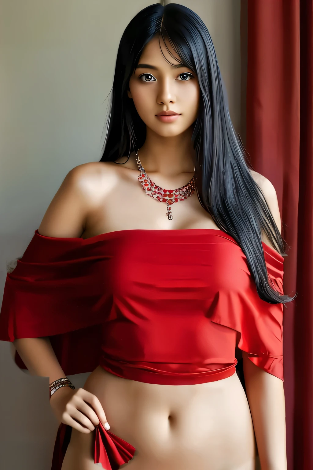 1girl in, age19, Solo, Long hair, Colossal , Looking at Viewer, blackhair, Bare shoulders, Brown eyes, jewely, Full body, a necklace, off shoulders,red cloth, Realistic, A sexy,thin