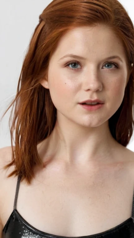 8k quality, wet, nude, shy, sexy, clean skin, flat torso, Ginny Weasley, short hair, lies, skinny body, only face view, 8 , spread, open mouth, tongue, saliva from mouth 