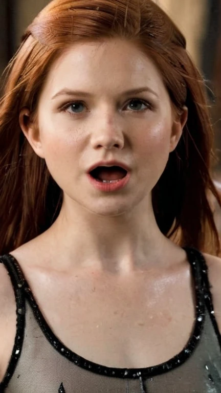 8k quality, wet, nude, shy, sexy, clean skin, flat torso, Ginny Weasley, short hair, lies, skinny body, only face view, 8 years old, spread, open mouth, tongue, saliva from mouth 